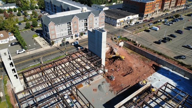 Aerial view of the 752 Hamilton Street mixed-use building under construction in Franklin Township, NJ