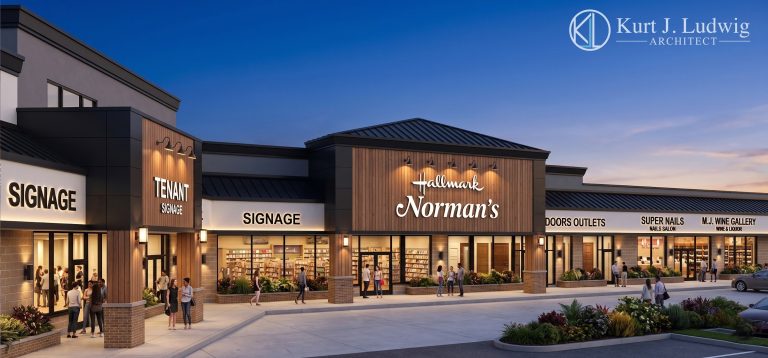 Dusk rendering of the Norman’s Hallmark store at Ryders Crossing, Milltown, NJ